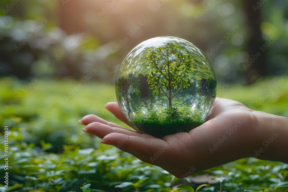 A hand delicately holds a crystal ball reflecting a vibrant tree inside, symbolizing environmental protection and the fragility of nature A hand delicately holds a crystal ball reflecting a vibrant tree inside, symbolizing environmental protection and the fragility of nature