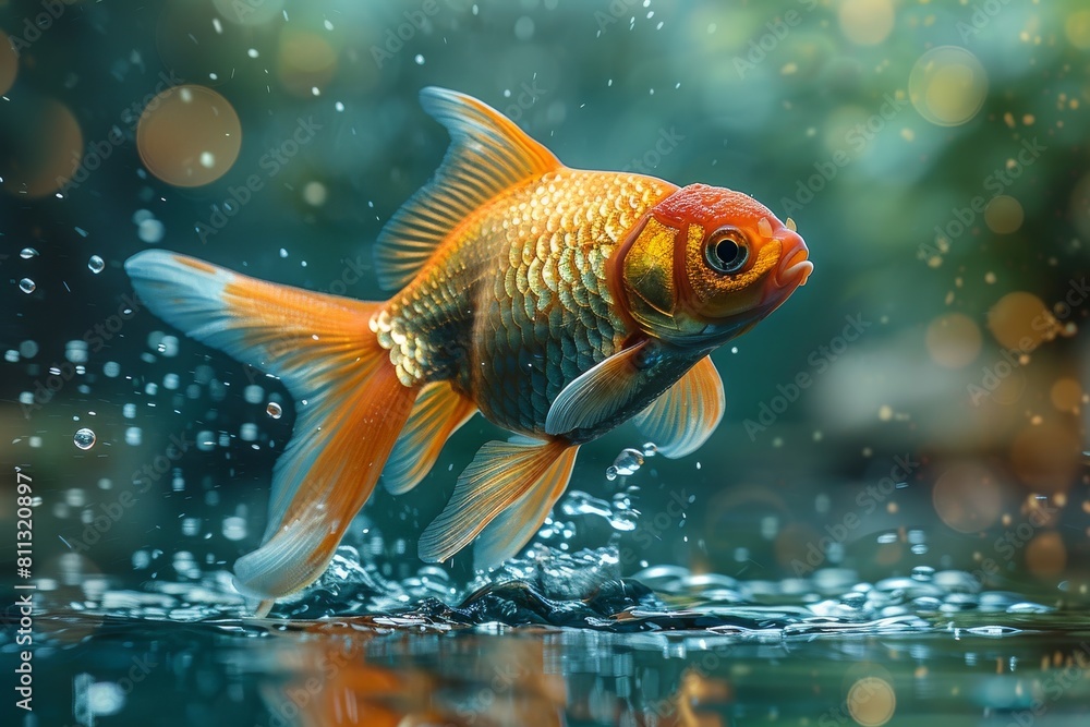 A striking image capturing a goldfish mid-swim, with light reflecting off the water droplets creating a magical, almost surreal effect in the surroundings A striking image capturing a goldfish mid-swim, with light reflecting off the water droplets creating a magical, almost surreal effect in the surroundings