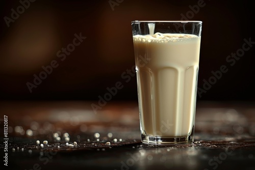 A close-up of a full glass of milk with droplets and splashes on a dark background