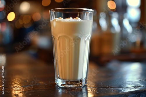 A dynamic image showcasing a glass of milk in the moment of spilling over a wooden surface, representing accident or waste photo