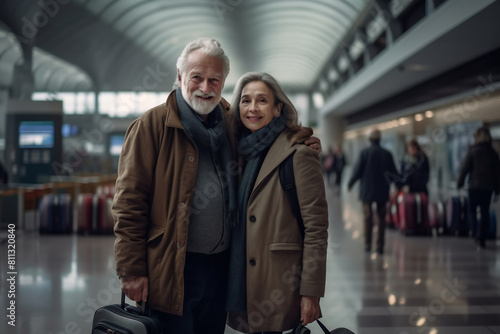 Feeling happiness. The pleasant romantic elderly couple are looking at each other with love while holding hands and carrying suitcases while going along the airport lounge