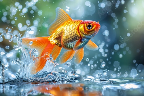 A vivid orange goldfish is captured mid-leap out of sparkling water with glistening droplets suspended around it