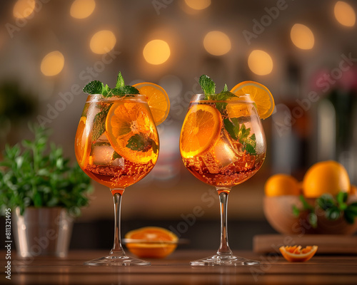 Aperol Spritz cocktail takes center stage in an aesthetic still life, its composition a harmonious blend of light, shadow, and vibrant color.