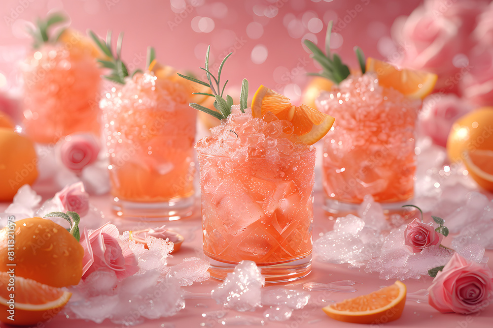 Fototapeta premium Fresh summer drinks cocktails with berries, fruits, ice and frost on glasses. Vacation open beach bar concept.