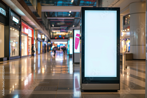 In the central aisle of the shopping center there is a vertical, illuminated lightbox advertisement with a blank digital screen. A white, clean poster is the perfect background for any advertisement.