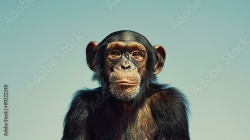 A close-up of a chimpanzee's face. The chimpanzee is looking at the camera with a serious expression. © Farm