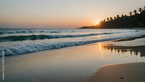View of a beach with waves and a sunset