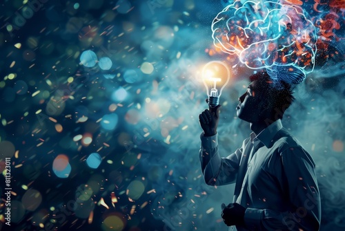Abstract representation of smart thinking idea and inspiration with businessman holding virtual lightbulb and brain on blue backdrop photo