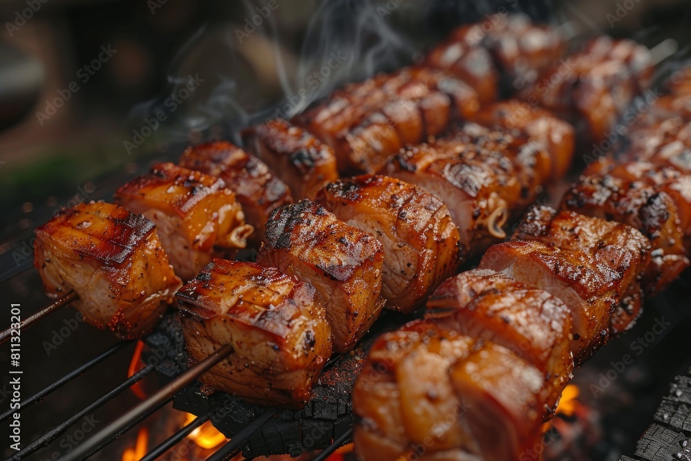Image of skewered pork belly cuts crisping up as they grill on a charcoal barbecue, surrounded by an inviting fiery glow Image of skewered pork belly cuts crisping up as they grill on a charcoal barbecue, surrounded by an inviting fiery glow