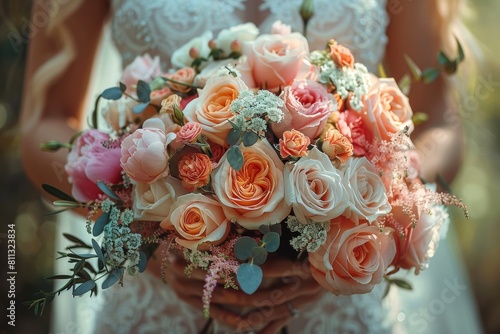 A bride's hands delicately hold a lush bouquet of roses and other flowers on her wedding day