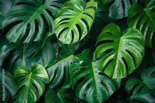 Dense Monstera leaves with refreshing water droplets are showcased in a natural formation
