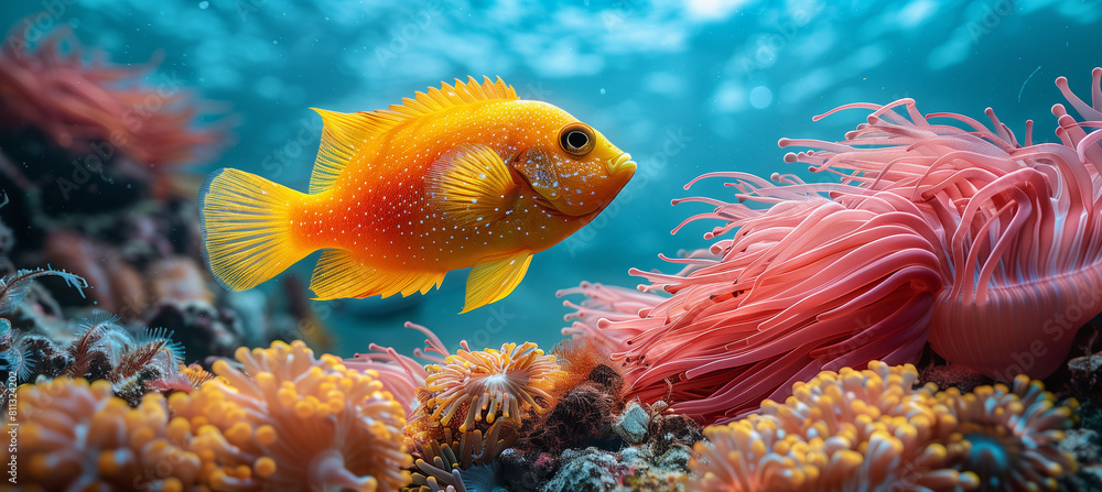 Colorful yellow fish swimming in  aquarium with vibrant corals. Unrealistically beautiful underwater world.