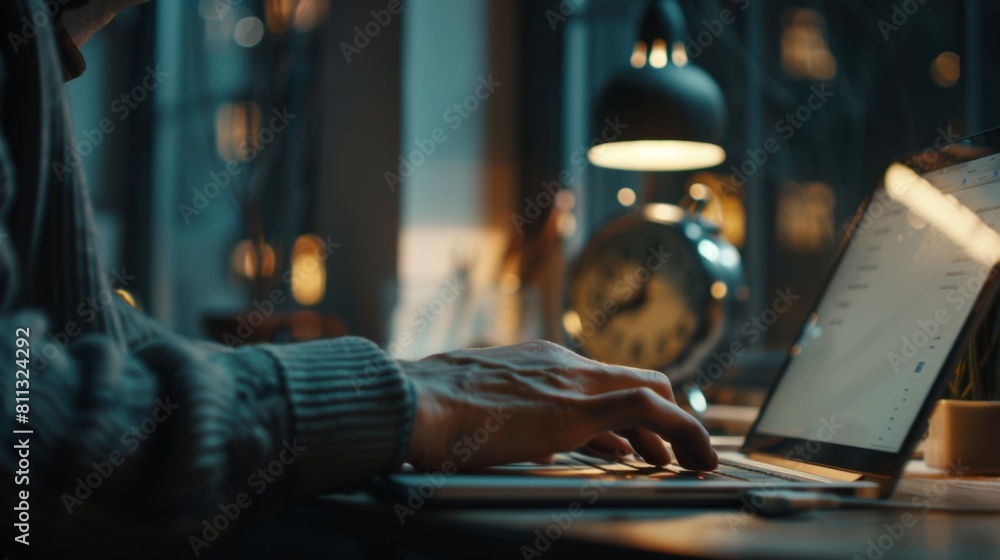 A close-up of a person typing intently on a laptop in a quiet office, the clock showing late hours in the background. A close-up of a person typing intently on a laptop in a quiet office, the clock showing late hours in the background.