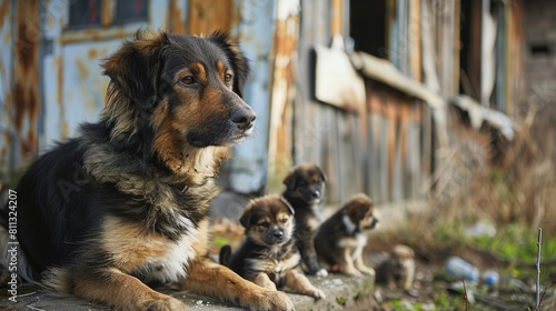 a dog with puppies on the background of an old house. Selective focus
