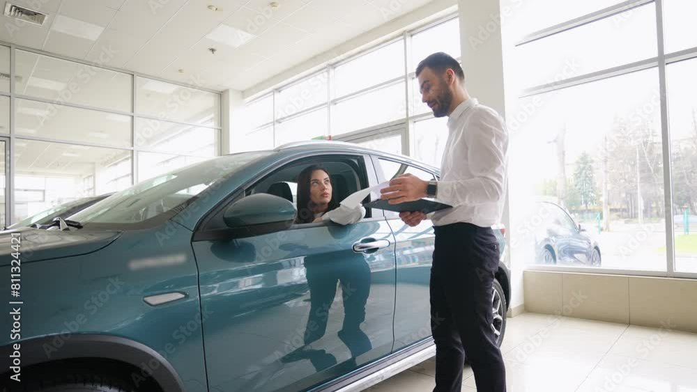 Car seller talking to female client in car Car seller talking to female client in car