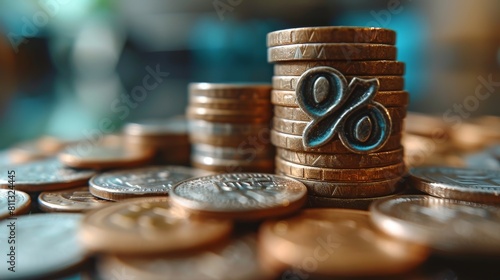 There is a pile of coins with an upward percentage symbol. Saving money for investment. Interest rates and dividends, investment returns, income, pension compensation fund, investment, dividend tax.