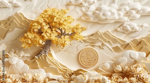 3D wallpaper golden tree life with white flowers  3D mural wallpaper high quality AI generated image