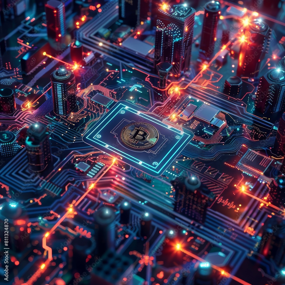 Design a digital artwork showcasing the concept of blockchain technology and its connection to Bitcoin Design a digital artwork showcasing the concept of blockchain technology and its connection to Bitcoin