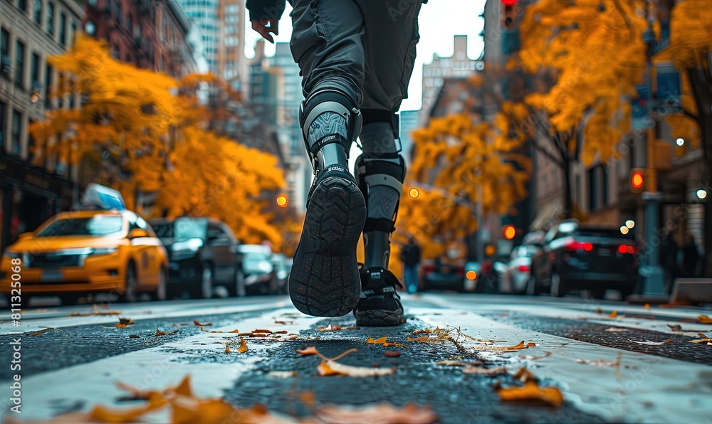 Obraz premium Stability in movement: A man with prosthetic legs walks down the street