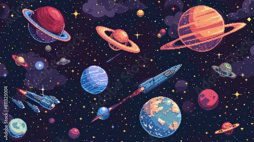 Colorful pixel art space scene featuring various planets  a ringed gas giant  and shooting stars against a dark starry background.