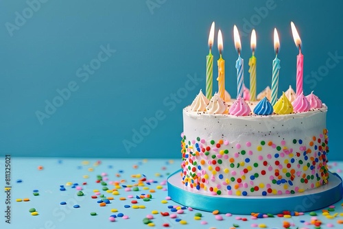 colorful birthday cake with six lit candles on pastel blue background childrens party celebration food photography