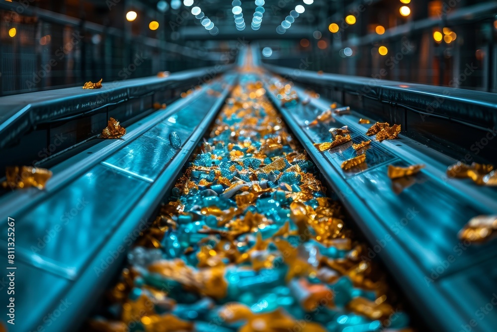 Photo of a conveyor belt lined with snacks in golden packaging, giving insight into the food industry's large-scale manufacturing processes Photo of a conveyor belt lined with snacks in golden packaging, giving insight into the food industry's large-scale manufacturing processes