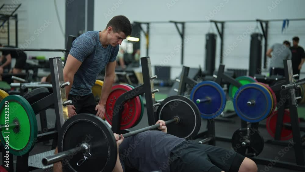 Personal trainer supporting beginner sportsman in activewear doing bench press with heavy barbell during intense workout in modern fitness center. Concept of healthy lifestyle, physical activity. Personal trainer supporting beginner sportsman in activewear doing bench press with heavy barbell during intense workout in modern fitness center. Concept of healthy lifestyle, physical activity.