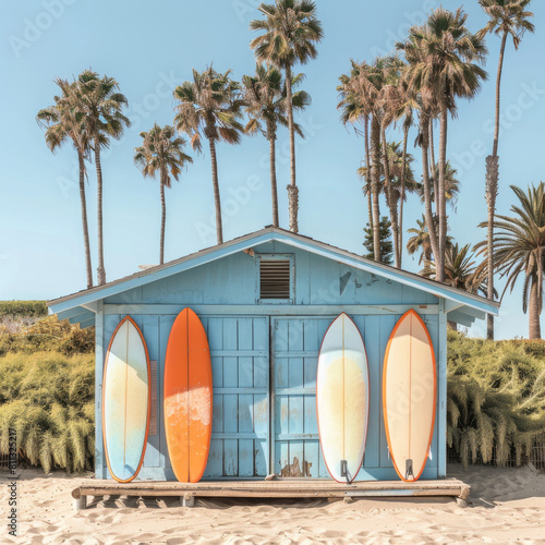 Small Blue Building With Surfboards
