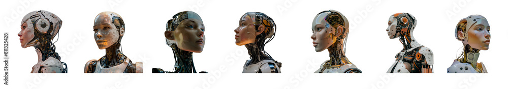 Set of Female robot faces with futuristic technology details isolated transparent PNG background Set of Female robot faces with futuristic technology details isolated transparent PNG background