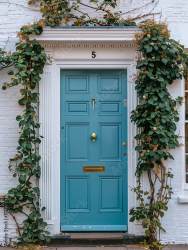 Blue Front Door Surrounded by Greenery