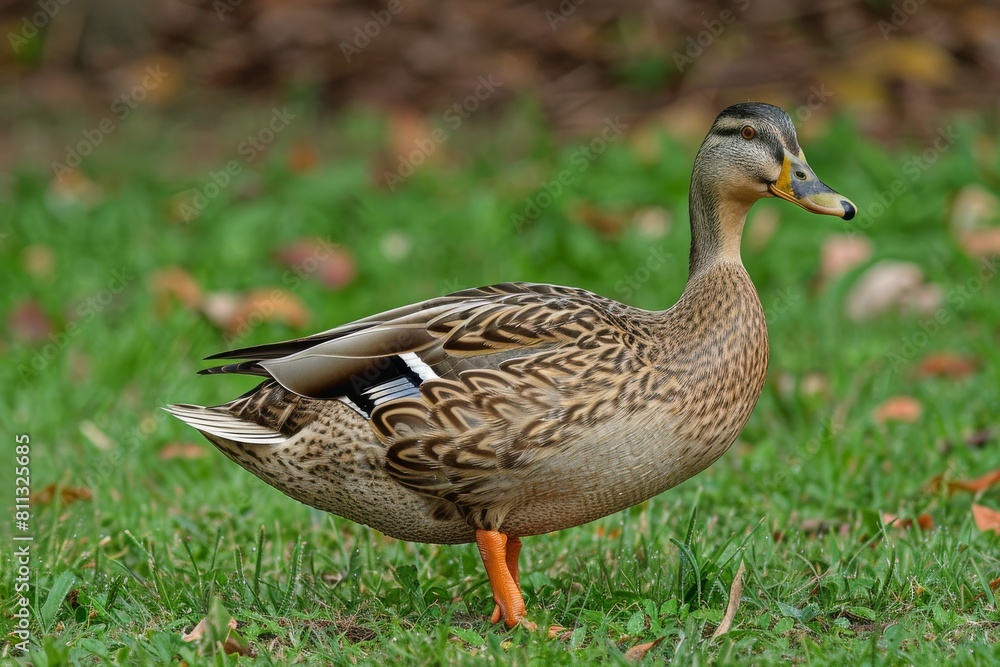 A female mallard duck with detailed plumage stands on vibrant green grass, showcasing the natural beauty and wildlife found in outdoor settings A female mallard duck with detailed plumage stands on vibrant green grass, showcasing the natural beauty and wildlife found in outdoor settings