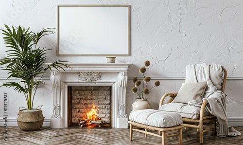 Interior living room with fireplace and empty frame on the wall with minimalist furniture chair plant chair white