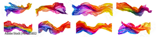 Set of Colorful silk scarves floating in air with vibrant hues isolated transparent PNG background