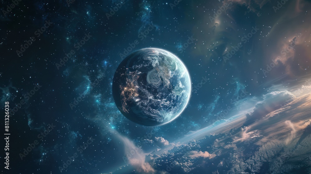 A planet in space surrounded by stars. The planet is similar to the earth. The background is dark blue with lighter spots of stars. A planet in space surrounded by stars. The planet is similar to the earth. The background is dark blue with lighter spots of stars.