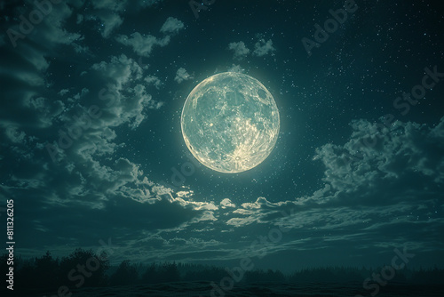 Clouds and a full moon in the night sky.