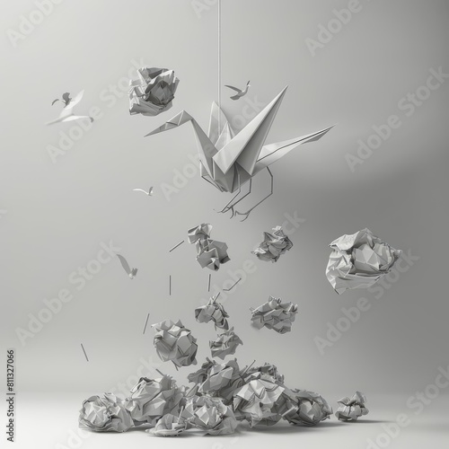 Utilize the metaphor of crumpled paper balls and a crane to envision new possibilities in the realm of business and innovation