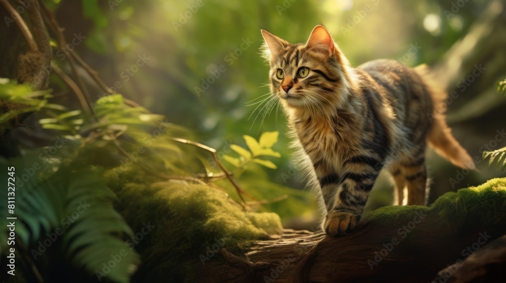 A fluffy cat stands on a mossy log in a forest. The sun shines through the trees, creating a warm glow around the cat. A fluffy cat stands on a mossy log in a forest. The sun shines through the trees, creating a warm glow around the cat.
