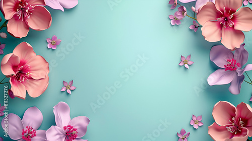 fondo de flores en 3d tercera dimensión colores tenues floreado a los lados fondo azul pastel espacio para copiar fondo para diseño  photo