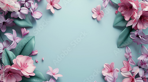 marco de flores para invitación digital para diseño o decoración fondo azul con flores y con espacio para copiar fondo romántico primaveral