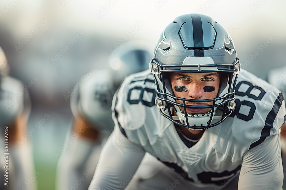 An American football player in a gray helmet and white uniform stands waiting for the ball to be drawn. Copy space An American football player in a gray helmet and white uniform stands waiting for the ball to be drawn. Copy space