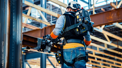Construction workers wear exoskeletons