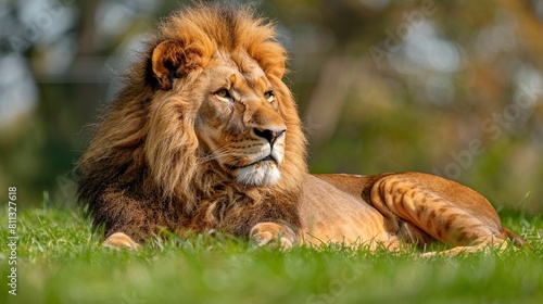 wild lion resting calmly in the midst of nature