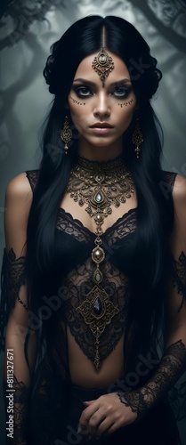 Portrait of a beautiful woman posing as a queen in a black dress with tattoos and jewellery..