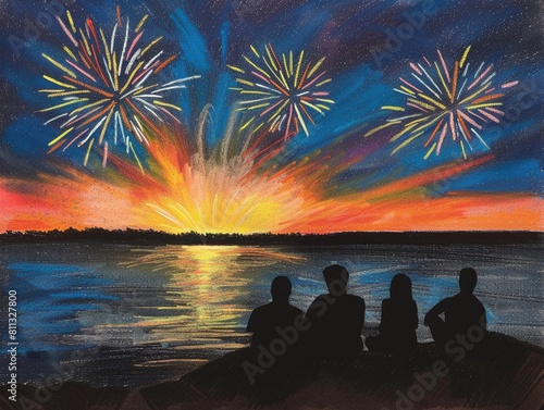 Pastel drawing of a picturesque sunset with silhouettes watching fireworks on Independence Day