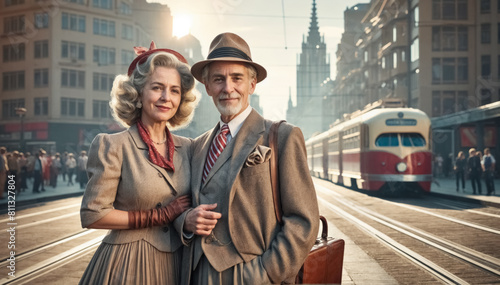 An elegant couple in retro clothes against the backdrop of a picturesque cityscape with a tram and buildings in the style of the early 20th century photo
