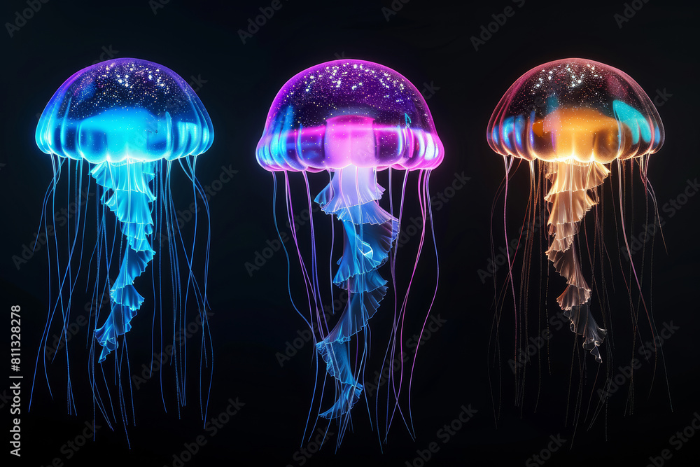 Neon Glowing Jellyfish on Dark Background Neon Glowing Jellyfish on Dark Background