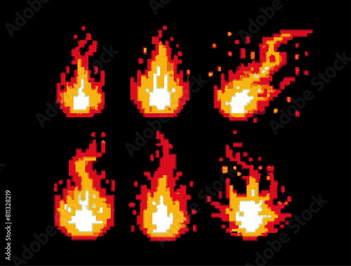 Pixel art 8-bit fire flames, explosion flashes and cartoon sparks set, isolated on black background. Burst animation for retro video game design.