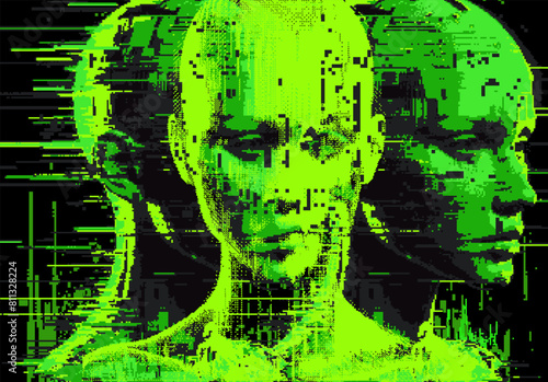 Distorted silhouette of a bald human head. Conceptual image of facial recognition and anonymity systems. Cyberpunk pixel art style vector illustration.