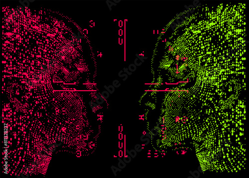 Glitchy pixelated green and red 3D human faces looking at each other. Conceptual vector illustration of identity in the age of technology. 