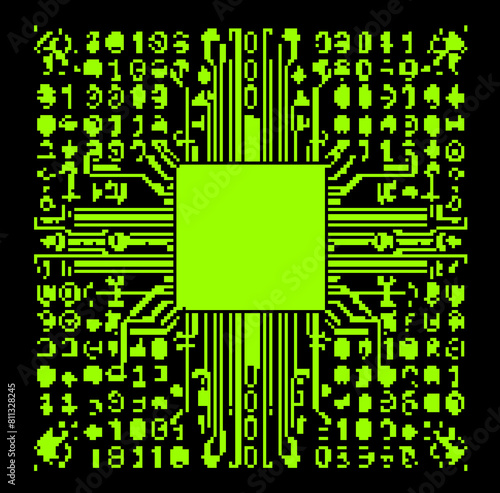 Pixel image of an abstract computer scheme and circuit. Vector illustration in 8-bit retrofuturistic style.